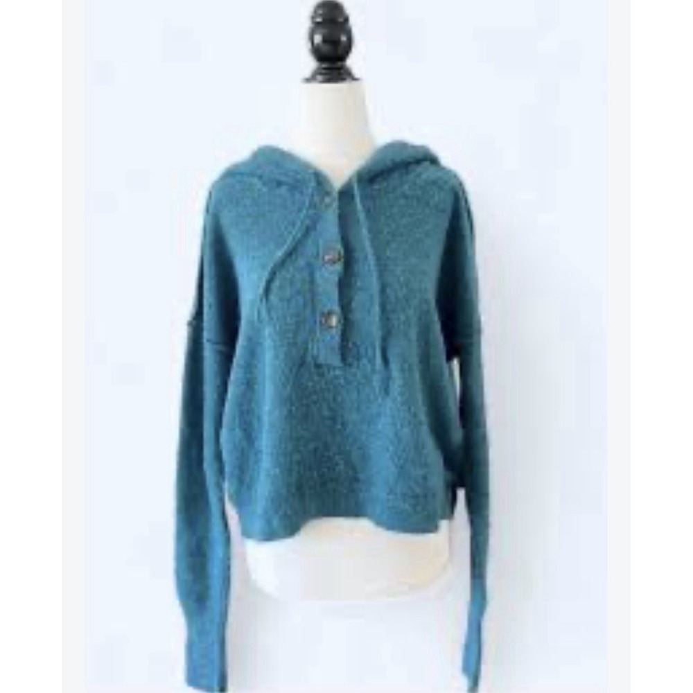 Free People Found My Friend Hoodie in Teal Blue Women's size XS Cropped Slouchy